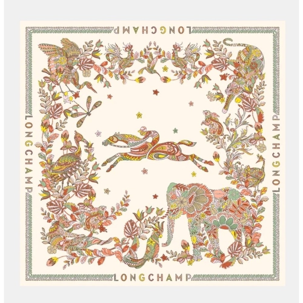 Longchamp Organic Silk Scarf Animal Floral Print Made in Italy 50647GSO037 Cream